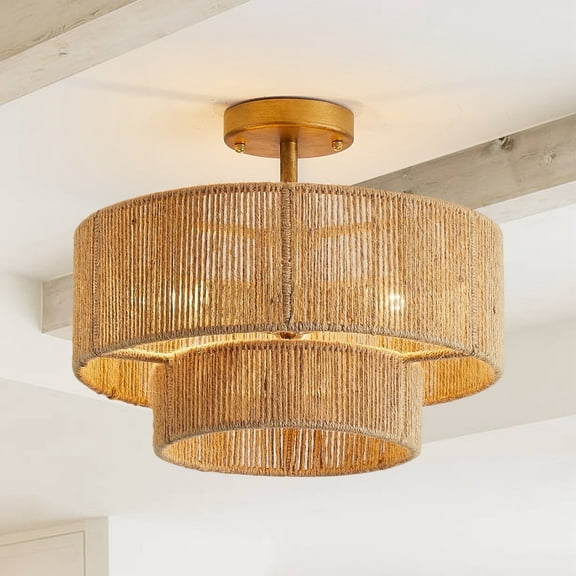 Boho Light Fixtures Ceiling,15" Bamboo Ceiling Lighting Retro 3-Tier Rattan Flush Mount Ceiling Light for Living Room Bedroom