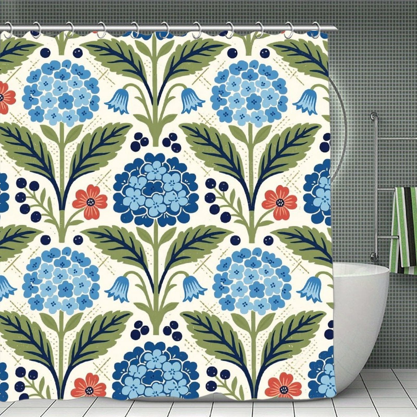 Boho Light Steel Blue Block Print Print Shower Curtain,Modern Fabric