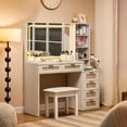 thumbnail image 1 of Boho Lighted Makeup Vanity with 6 Drawers, Joaxswe Rattan Vanity Table Set w/ Charging Station & Comfort Stood, White, 1 of 7