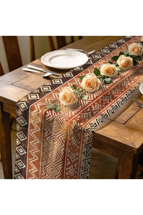Boho Linear 4.5 ft Cheesecloth Table Runner for Wedding 19"x55", Terracotta Brown Native Rustic Stripes Diamond Patterns Kitchen Dinner Sheer Tulle Chiffon Dresser Scarf, Holiday Party Decorations