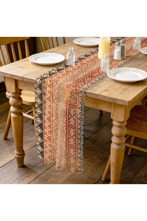 Boho Linear 4.5ft Cheesecloth Table Runner for Wedding 19"x55", Terracotta Brown Native Rustic Stripes Diamond Patterns Kitchen Dinner Sheer Tulle Chiffon Dresser Scarf, Holiday Party Decorations