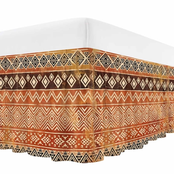 Boho Linear Bed Skirt Bed Skirts Queen Size 16 Inch Drop, Terracotta Brown Native Rustic Stripes Diamond Patterns Wrap Around Dust Ruffle Bedskirt with Adjustable Elastic Belt for Queen Size Beds
