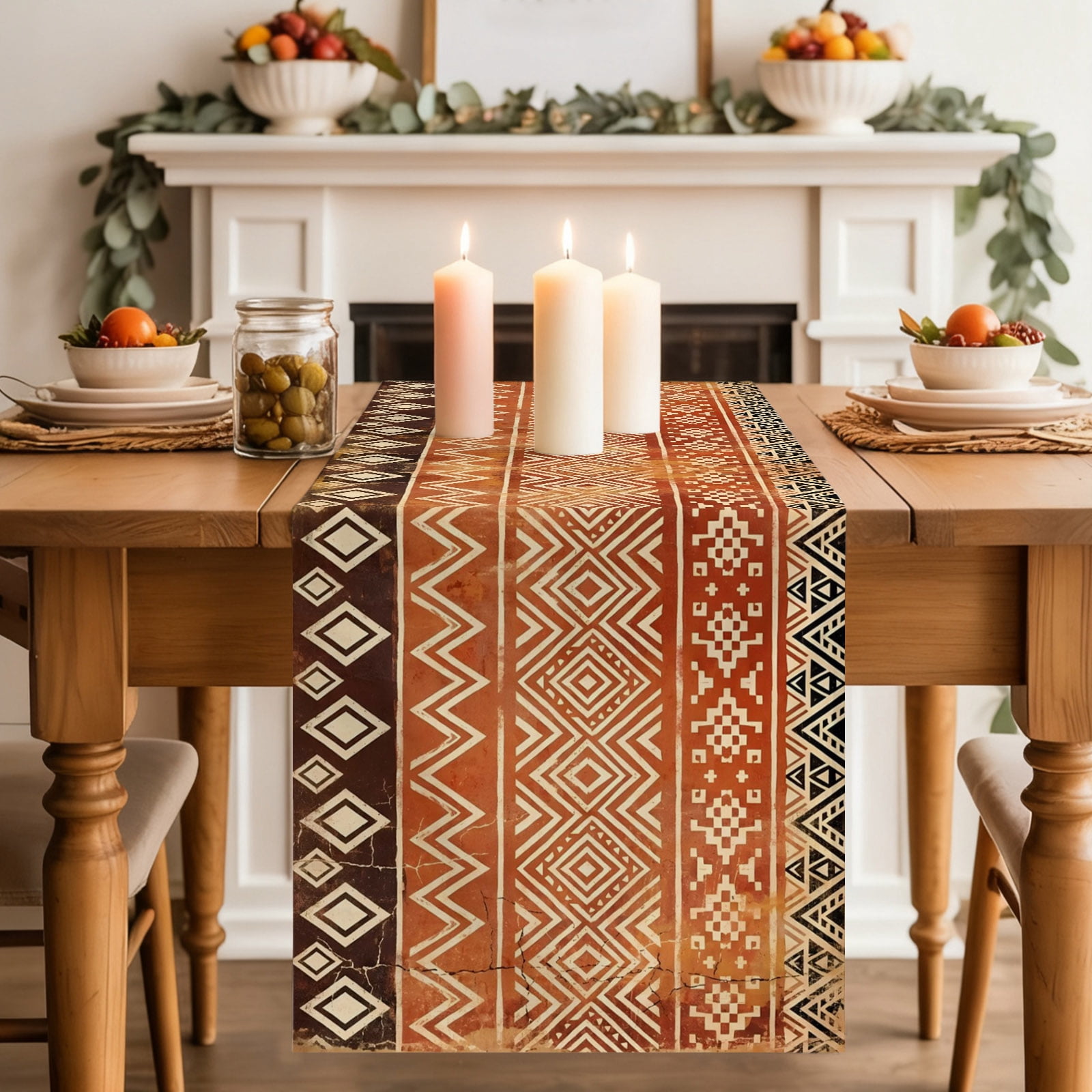 Boho Linear Dining Table Runner, Terracotta Brown Native Rustic Stripes ...