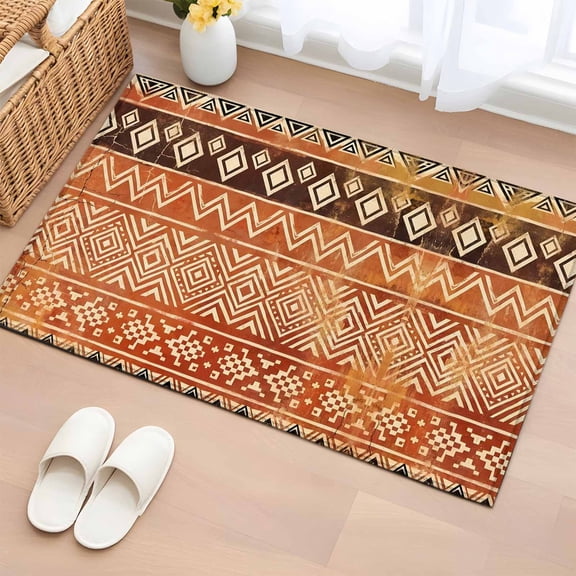 Boho Linear Entryway Rug 2'x3' Terracotta Brown Native Rustic Stripes Diamond Patterns Small Area Rug Non-Slip Front Door Mat Washable Floor Carpet for Indoor Entrance Kitchen Bathroom