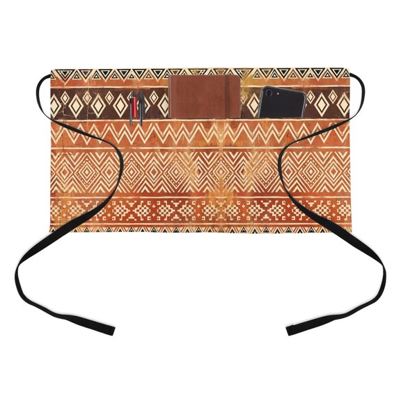 Boho Linear Kitchen Restaurant Half Waist Apron, Terracotta Brown Native Rustic Stripes Diamond Patterns Server Short Apron with 3 Pockets Waterproof Oil Waist Aprons for Women Waitress Waiter