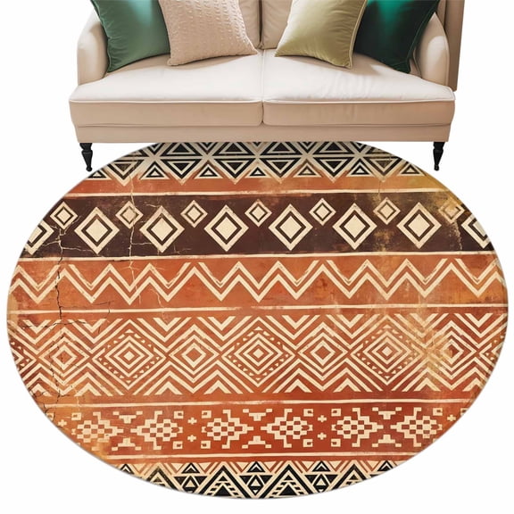 Boho Linear Round Living Room Rugs 6 ft, Terracotta Brown Native Rustic Stripes Diamond Patterns Washable Area Rug with Non-Slip Sturdy Edge Binding Round Carpet for Kitchen Office Bedroom