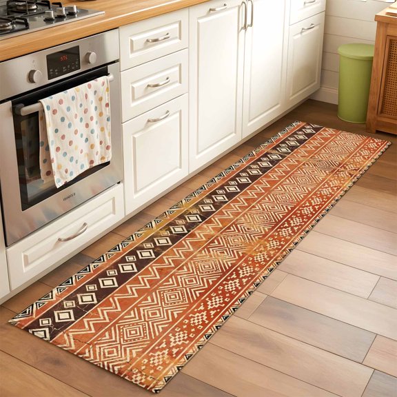 Boho Linear Runner Rug Non Slip 2x6 Terracotta Brown Native Rustic Stripes Diamond Patterns Washable Rug Runner for Hallways Low Pile Kitchen Rugs Stain Resist Carpet for Bathroom Bedroom Entryway