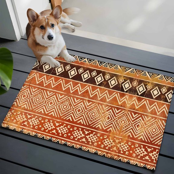 Boho Linear Small Area Rugs 2x3 Terracotta Brown Native Rustic Stripes Diamond Patterns Entryway Rugs Washable Door Mat, Low-Profile Area Rugs Floor Carpet for Living Room Bedroom Home Office