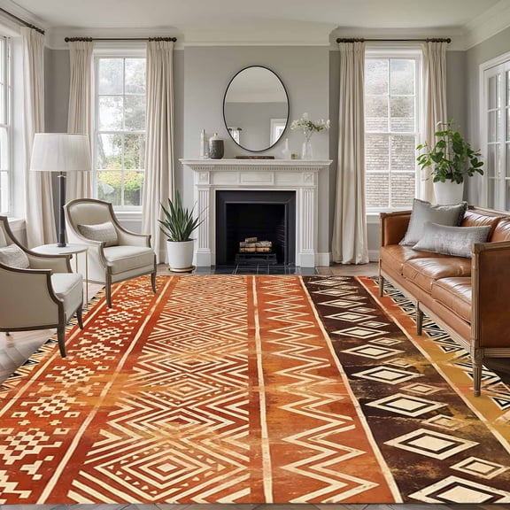 Boho Linear Terracotta Brown Native Rustic Stripes Diamond Patterns , Soft Non Slip Rugs Stain Repellent Indoor Felt Carpet for Living Dining Room Bedroom Home Office