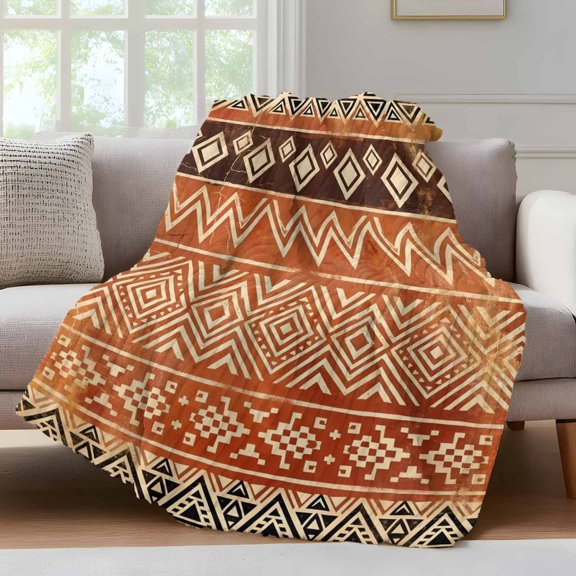 Boho Linear Throw Blanket for Couch Terracotta Brown Native Rustic Stripes Diamond Patterns Soft and Warm Flannel 3D Striped Fuzzy Fleece Blanket Lightweight Throw for Bed, Sofa 30 x 40 Inches