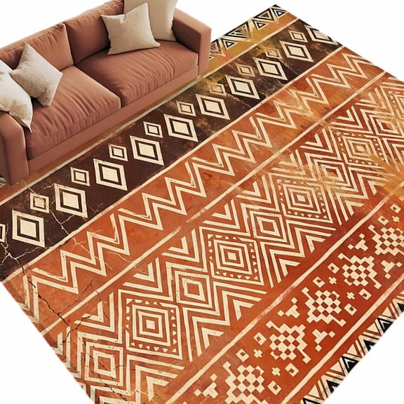 Boho Linear Washable Living Room Rugs 9'x12', Terracotta Brown Native Rustic Stripes Diamond Patterns Low Pile Throw Large Area Rug Non-Slip Sturdy Edge Binding Carpet for Bedroom Dining Room Office