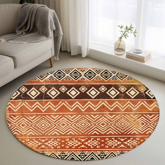 Boho Linear Washable Round Area Rug 3 ft, Terracotta Brown Native Rustic Stripes Diamond Patterns , Soft Non Slip Rugs Stain Repellent Indoor Felt Carpet for Living Dining Room Bedroom Home Office