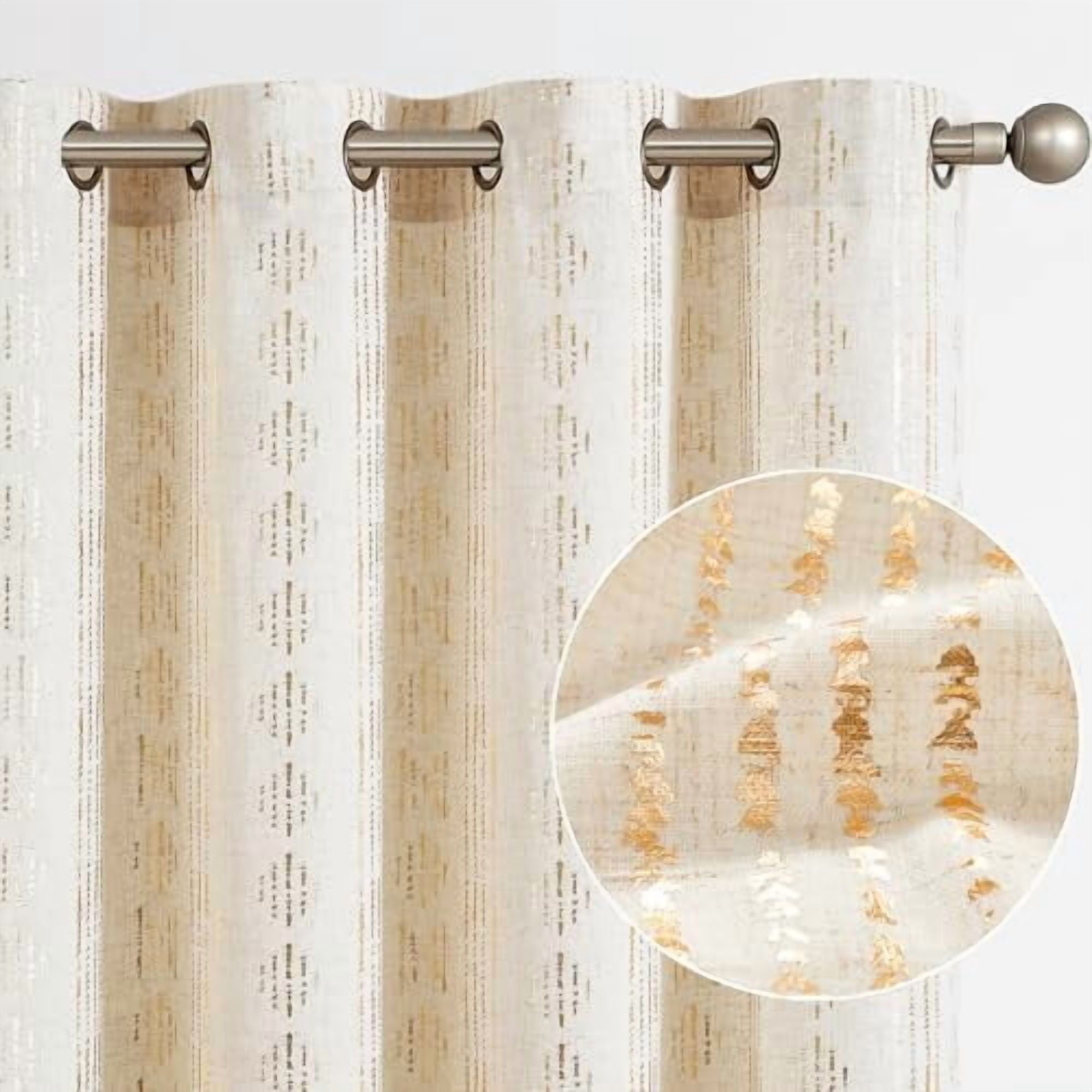 Boho Linen Blend Curtains - Gold Foil Print Farmhouse 84 Inch Long 2 ...