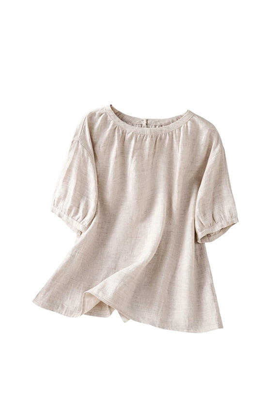 Boho Linen Blend Short Sleeve Blouse Women's Round Neck Gathered Loose Tunic Lightweight Solid Color Casual Top for Weekend Beach Daily Streetwear