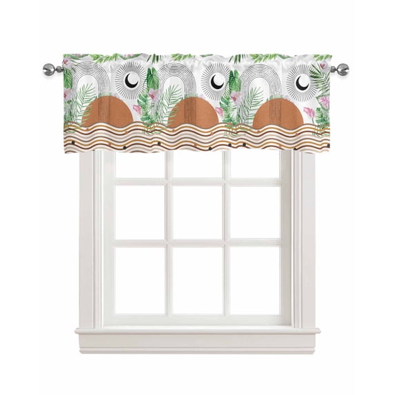 Boho Linen Curtain Valance for Bedroom/Bathroom/Kitchen/Office/Living/Dining Room Windows,Middle Century Green Leaves Plant Modern Minimalist Pocket Topper Drapes Decorative Cafe Drapery Panel 54x18