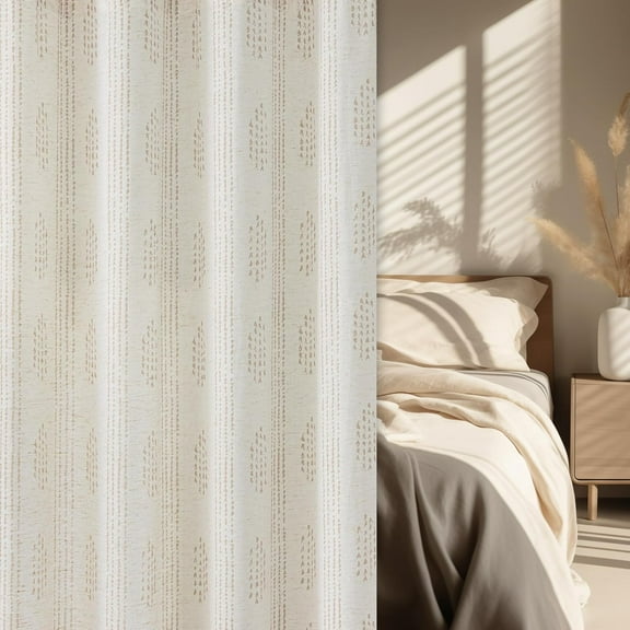 Taupe Boho Linen Curtains 96 inch Long, Geometric Striped Mudcloth Grommet Top Light Filtering Drapes, Farmhouse 2 Panels Taupe on Beige for Bedroom Living Room