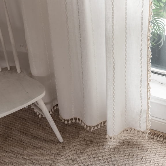 Boho Linen Curtains Off White - 96" Long, 2 Panels for Living Room, Bedroom Embroidery Country Farmhouse Style Light Filtering Rod Pocket Drapes 52" W x L