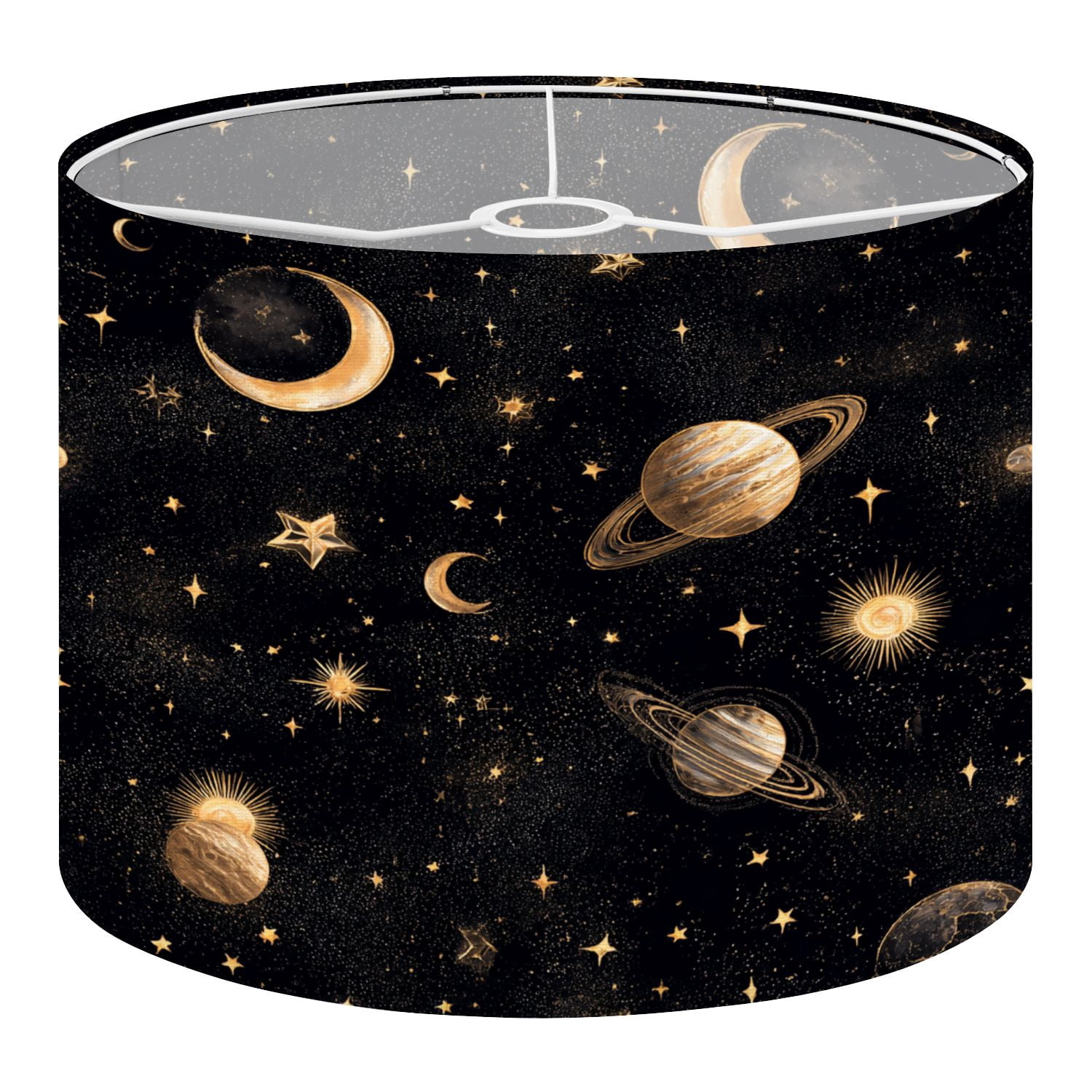 Boho Linen Drum Lampshades Celestial Moon Planet Stars Sunbursts Gold ...