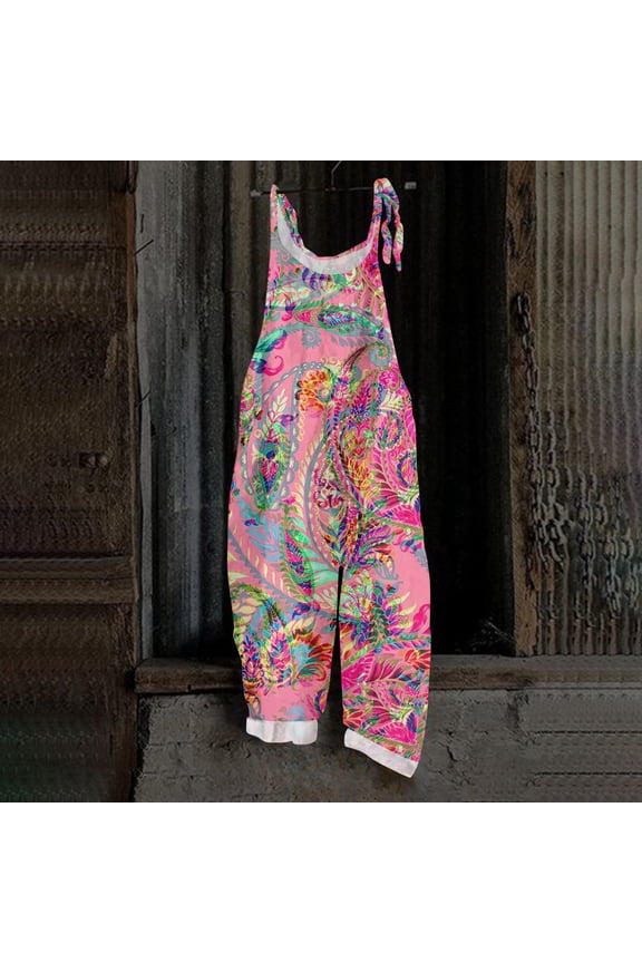 Boho Linen Jumpsuits for Women Floral Baggy Bib Patchwork Gardening Overalls Summer Casual Vintage Hippie Clothes Pink M