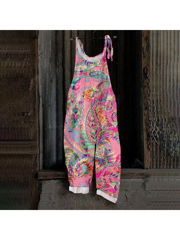Boho Linen Jumpsuits for Women Floral Baggy Bib Patchwork Gardening Overalls Summer Casual Vintage Hippie Clothes Pink S