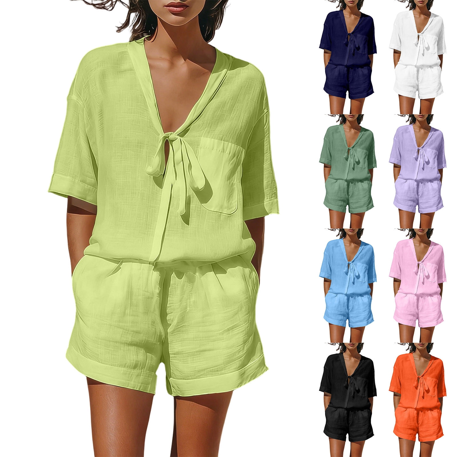 Boho Linen Outfits Women 2 Piece Lace up V Neck Short Sleeve Top and ...