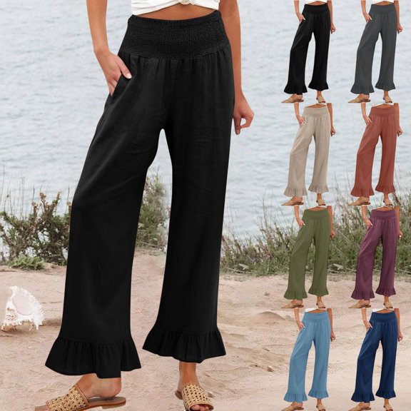 Boho Linen Pants for Women Summer Wide Leg High Waisted Smocked Elastic Waisted Palazzo Pants Casual Beach Loose Fit Ruffle Hem Trousers Black L