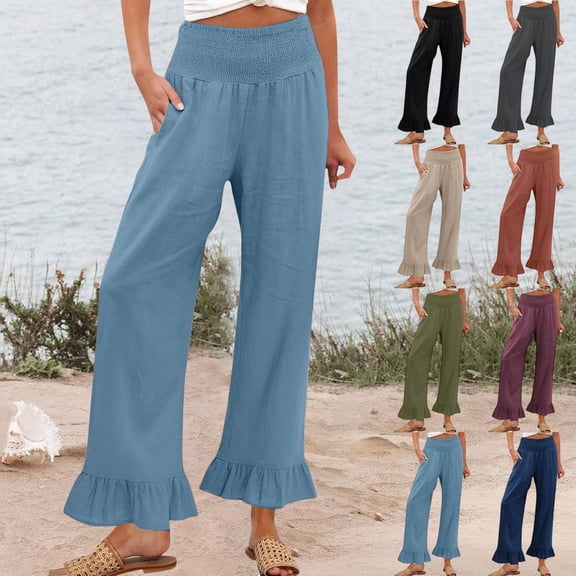 Boho Linen Pants for Women Summer Wide Leg High Waisted Smocked Elastic Waisted Palazzo Pants Casual Beach Loose Fit Ruffle Hem Trousers Light Blue S