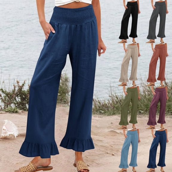 Boho Linen Pants for Women Summer Wide Leg High Waisted Smocked Elastic Waisted Palazzo Pants Casual Beach Loose Fit Ruffle Hem Trousers Navy XL
