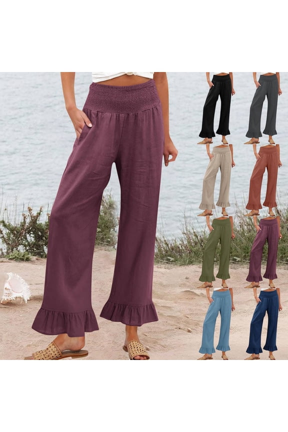 Boho Linen Pants for Women Summer Wide Leg High Waisted Smocked Elastic Waisted Palazzo Pants Casual Beach Loose Fit Ruffle Hem Trousers Purple M