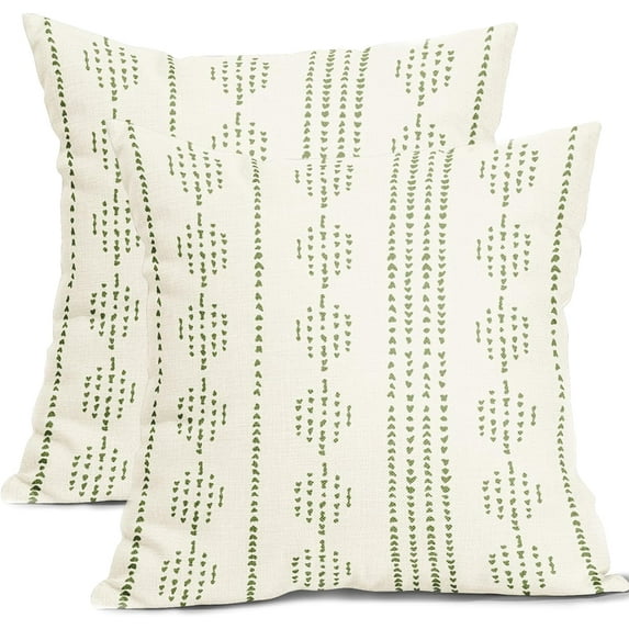 Boho Linen Pillow Covers 18x18 Inch Green Cream Geometric Stripe Modern Throw Pillow Covers Set of 2 Spring Farmhouse Outdoor Pillowcases Square Cushion Covers for Couch Bed Living Room Sofa Chair
