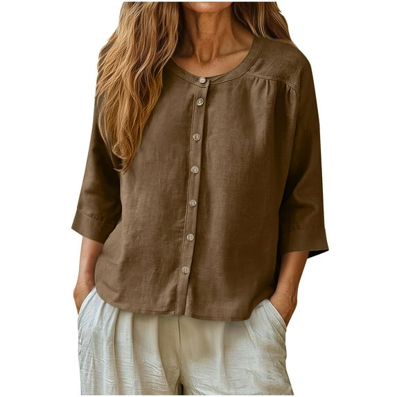 Boho Linen Shirt for Women Casual 3/4 Sleeve Tunic Tops Crew Neck Summer Vacation Blouses 2026 Trendy Clothes
