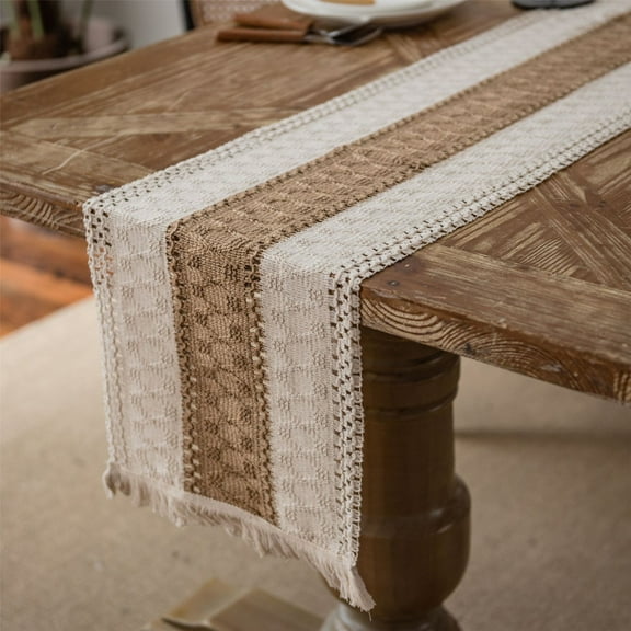Boho Linen Table Runner with Fringe Tassels, Thick Breathable Vintage Burlap Tablecloth, Stylish Decorative Cover for Kitchen Dining Table Wedding Party Holiday Home Decor