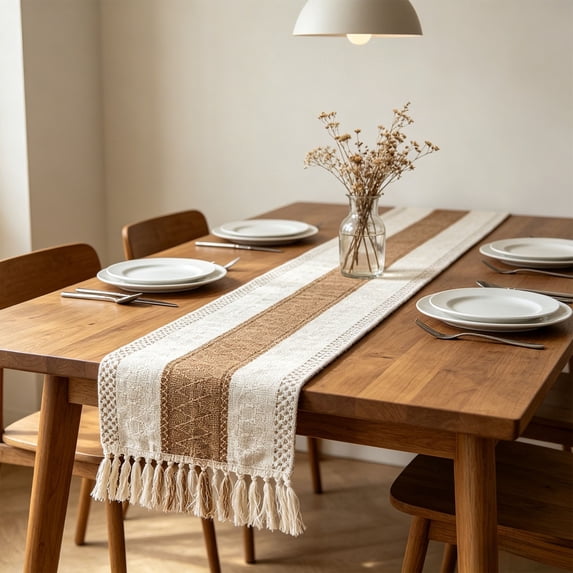 Boho Linen Table Runner with Tassels – Hollow Woven Color Block Design, 70 x 12 Inch Farmhouse Dining Table Decor for Christmas, Parties and Everyday Use