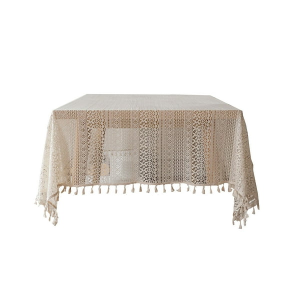 Boho Linen Tablecloth Beige Handmade Crochet Tablecloth Rectangle Floral Design Tablecloth with Tassels Vintage Table Cover for Kitchen Dinning Wedding Party Decoration - 59X39 inch