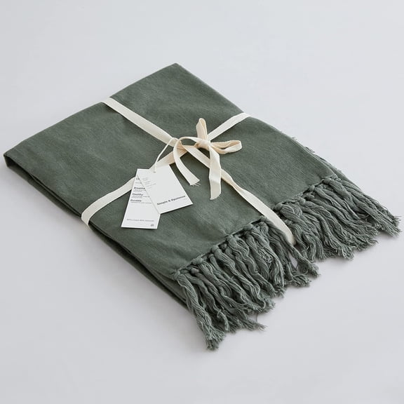 Boho Linen Throw Blanket for Bed, Couch, 50x70 Pre-Washed Fringed Vintage Decorative Woven with Tassels, Breathable Durable Cozy Farmhouse Decor All Seasons(Olive Green)