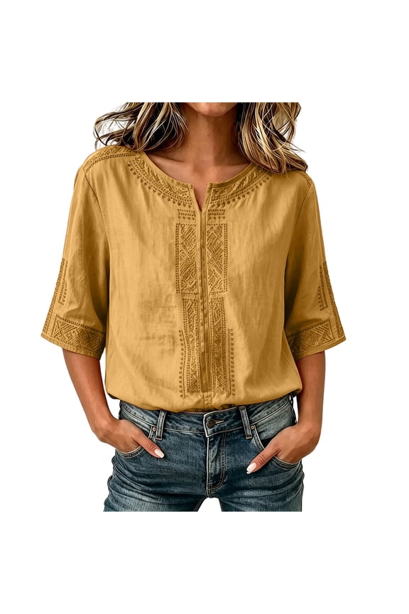 Boho Linen Tops for Women Embroidered 3/4 Sleeve Blouse Split Neck Casual Shirt Spring Summer Fall Ethnic Style Wear Street Dressy Clothes