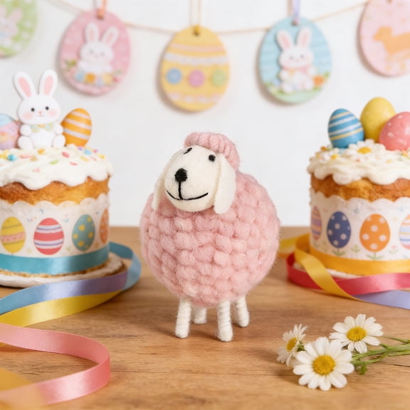 Boho Lint Sheep Ornament Handmade Easter Lamb Decoration Cute Spring Home Living Room Desktop Decoration Crafts Table Shelf Mantel Display Collectible Accent Gift Holiday Decor Piece