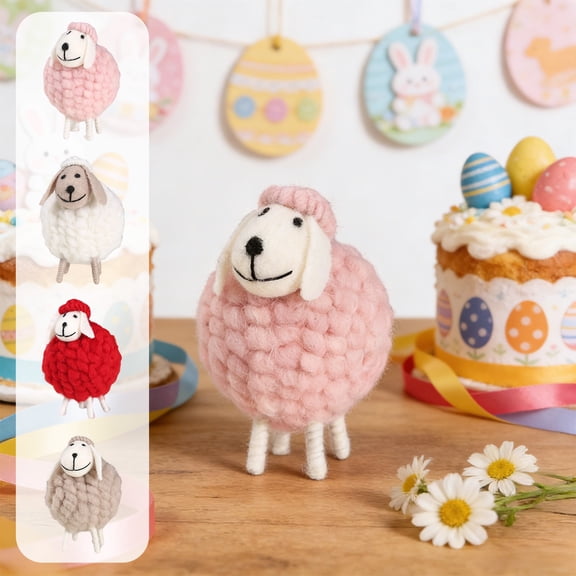 Boho Lint Sheep Ornament | Handmade Easter Lamb Decoration | Soft Polyester Figurine • Pink White Red Khaki • Spring Tabletop Accent for Home Decor • Rural Bohemian Style Gift