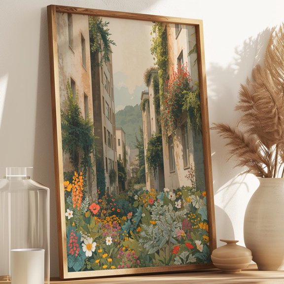 Boho Living Room Art Botanical Retro Poster Spring Aura Colorful City Alley Illustration F