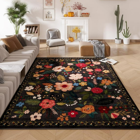 Boho Living Room Rug 5x7 Feet Machine Washable Non Slip Floral Vintage Carpet Low Pile for Living Room, Bedroom, Farmhouse, Dining Room, Kids Playroom