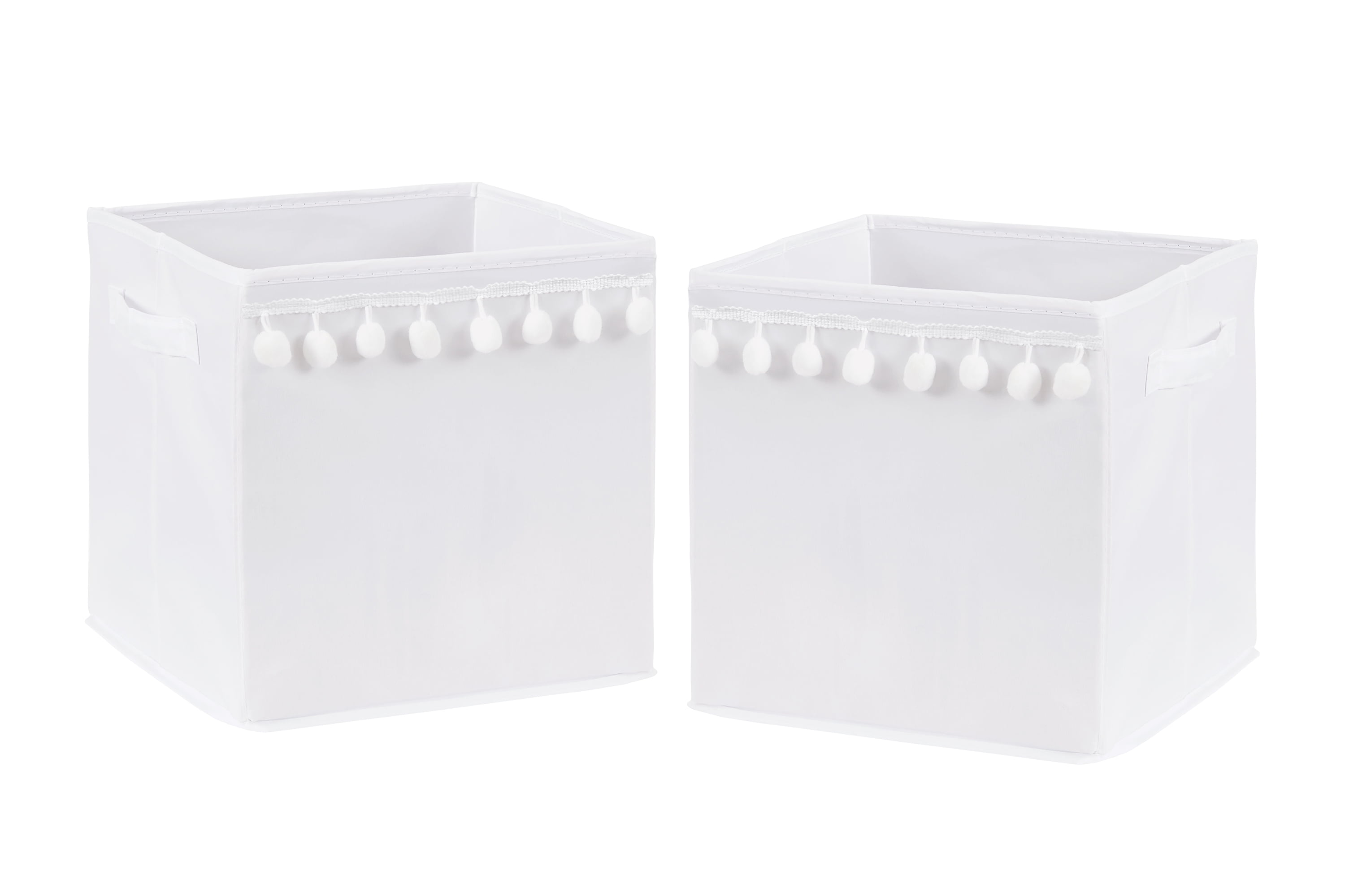 White Fabric Foldable Storage Bins with Pom Pom Trim, Set of 2