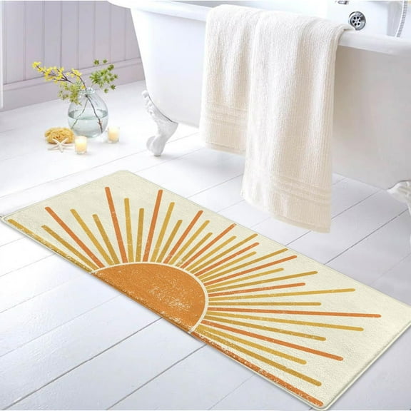 Boho Long Bathroom Rug 17x47 Inch, Yellow and White Sun Long Bathroom Rug Non-slip Absorbent Washable, Modern Minimalist Farmhouse Bathroom Rug for Sink Shower Tub