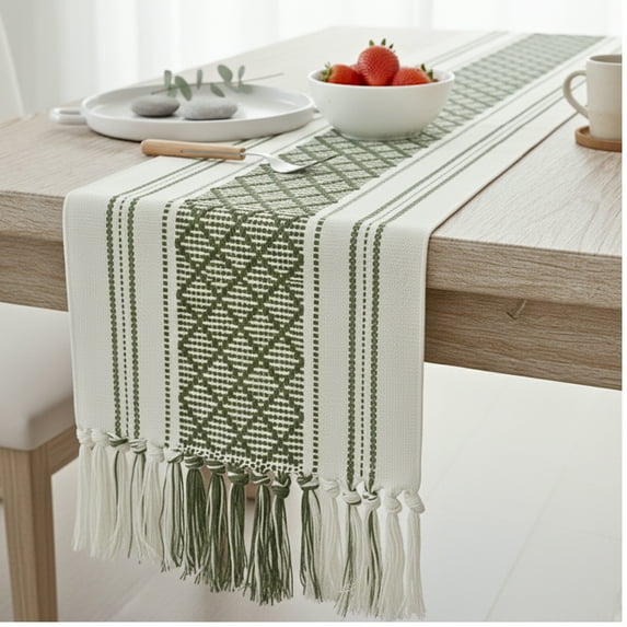 Boho Long Dining Table Runner with Tassels 14x90 Inches, Olive Green & Off White | Woven Washable Dresser Scarf | Farmhouse TableTop Cover with Fringe
