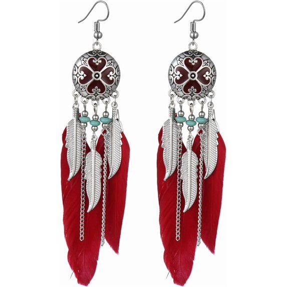 Boho Long Enamel Feather Dangle Drop Statement Stud Earring for Women Bohemian Ball Beaded Turquoise Tassel Dangling Link Piercing Fish Hook Earrings Ethnic Style Vintage Jhumka Jhumki Party