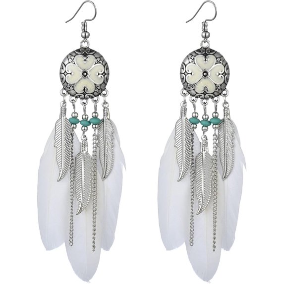 Boho Long Enamel Feather Dangle Drop Statement Stud Earring for Women Bohemian Ball Beaded Turquoise Tassel Dangling Link Piercing Fish Hook Earrings Ethnic Style Vintage Jhumka Jhumki Party