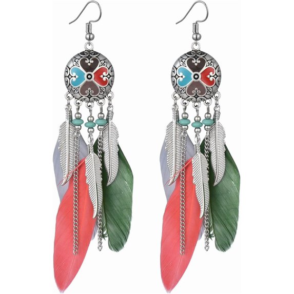Boho Long Enamel Feather Dangle Drop Statement Stud Earring for Women Bohemian Ball Beaded Turquoise Tassel Dangling Link Piercing Fish Hook Earrings Ethnic Style Vintage Jhumka Jhumki Party
