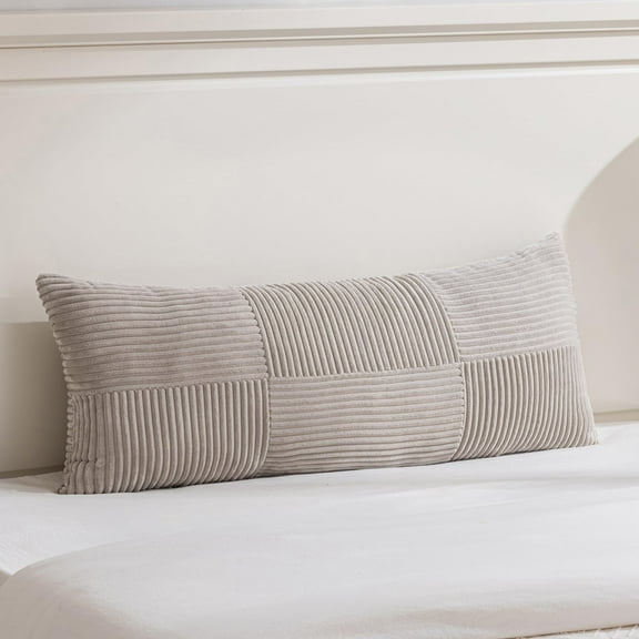 Boho Long Lumbar Pillow Cover 14x36 Inch, Neutral Taupe Corduroy Throw Pillow Case, Patchwork Textured Decorative Pillow Cover for Bed, Couch, Sofa, Bench, Farmhouse Decor