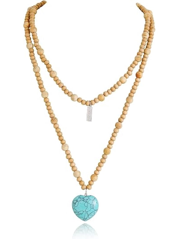 Boho Long Necklaces for Women Natural Wood Beaded Agate Pendant Necklaces for Women Trendy,Handmade Bohemian Western Bead Necklace Fashion Gift