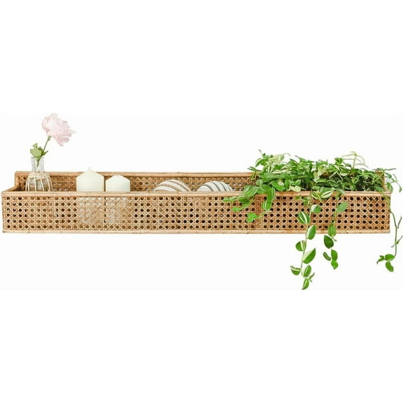 Boho Long Rattan Wall Shelf Farmhouse Woven Wall Mounted Shelf Basket Organizer Storage Rustic Floating Hanging Wall Shelf for Livingroom Home Decor