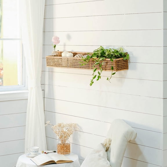 Boho Long Rattan Wall Shelves Farmhouse Woven Wall Mounted Shelf Basket Organizer Storage Rustic Floating Hanging Shelf for Livingroom Home Decor